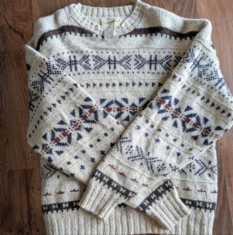 Vintage 90's EUC Eddie Bauer Men's Wool Cream Gray Patterned Crewneck Sweater XL